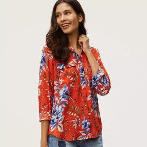 Ann Taylor LOFT Floral Hidden Button Down Blouse Boho Orange XS Petite